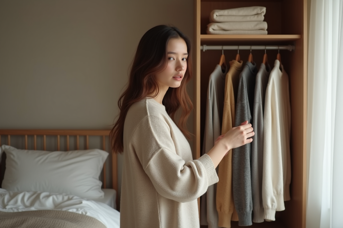 Jeune femme choisissant des vêtements dans une chambre minimaliste