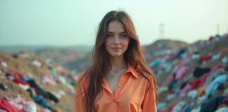 Impacts de la fast fashion sur l’environnement : analyse et solutions Jeune femme dans un décharge de textiles en plein air