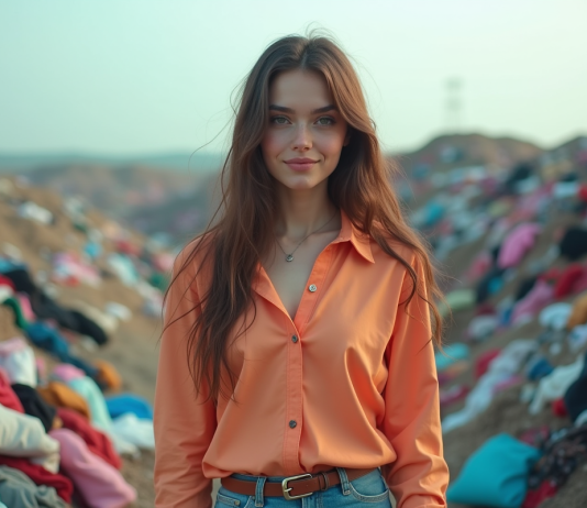 Impacts de la fast fashion sur l’environnement : analyse et solutions Jeune femme dans un décharge de textiles en plein air