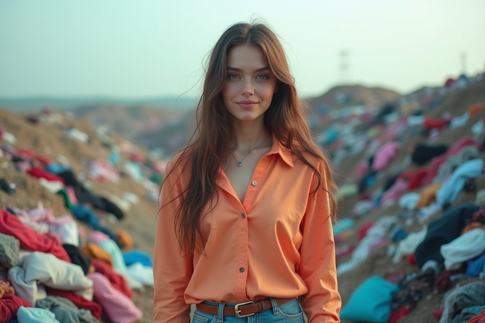 Jeune femme dans un décharge de textiles en plein air