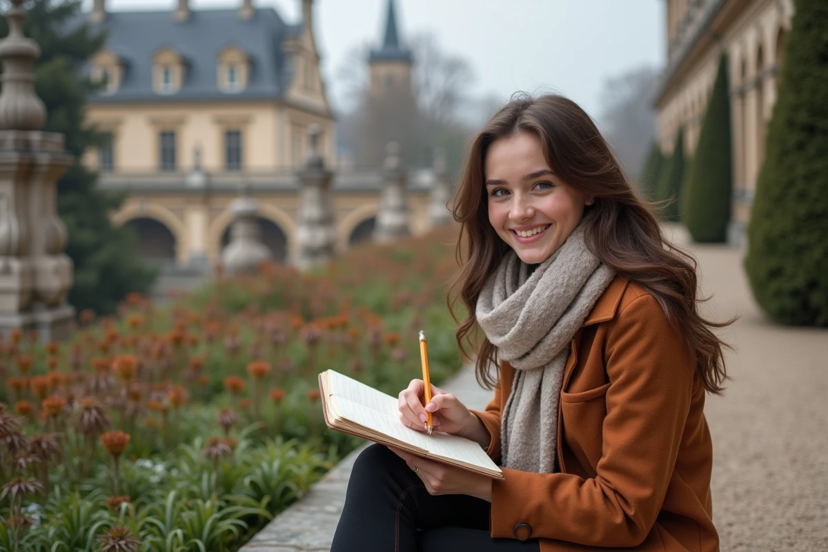 Jeune femme esquissant le Palais Idéal dans le jardin