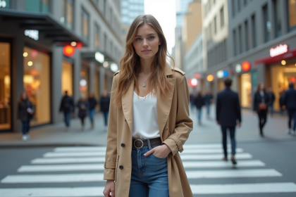 Jeune femme en trench beige dans une ville animée