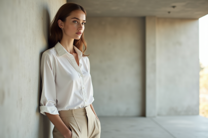 Jeune femme en blouse blanche et pantalon beige dans un espace minimaliste