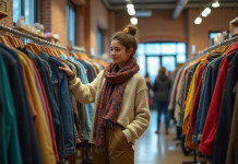 Jeune femme dans une friperie vintage souriante et touchant une veste en jean