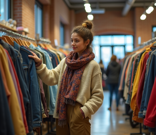 Jeune femme dans une friperie vintage souriante et touchant une veste en jean