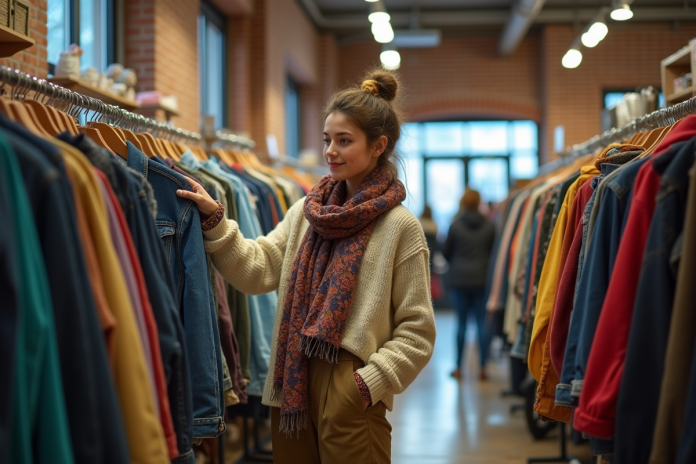 Jeune femme dans une friperie vintage souriante et touchant une veste en jean
