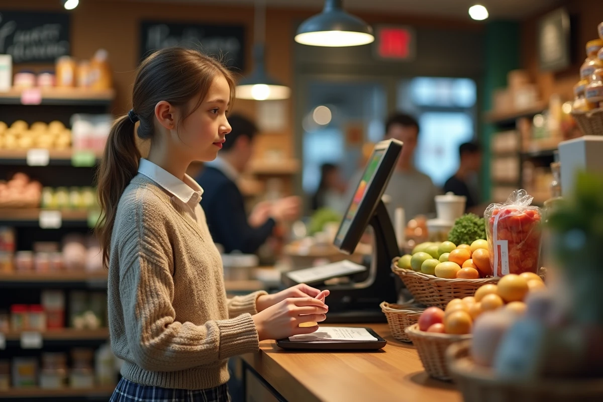 Jeune fille au magasin donne la monnaie au client