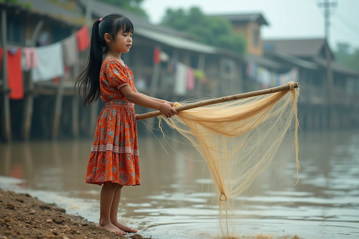 Jeune fille pêchant avec un filet sur la rive