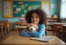 Enfant pupille : définition, caractéristiques et importance dans la société Jeune fille assise à une table d'école avec un jouet