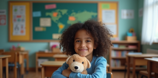 Enfant pupille : définition, caractéristiques et importance dans la société Jeune fille assise à une table d'école avec un jouet