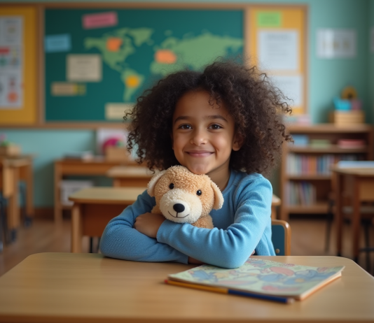Jeune fille assise à une table d'école avec un jouet