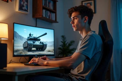 Jeune homme jouant à des jeux militaires sur son ordinateur à la maison