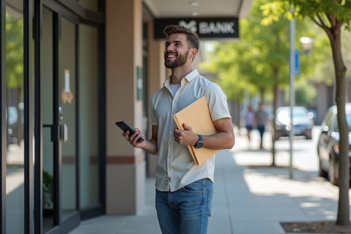 Jeune homme dehors devant une banque avec un sourire