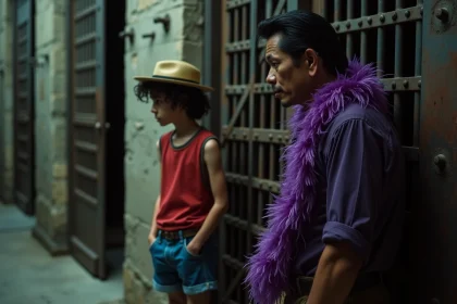 Jeune homme avec veston rouge et chapeau de paille regardant à travers des barres de fer