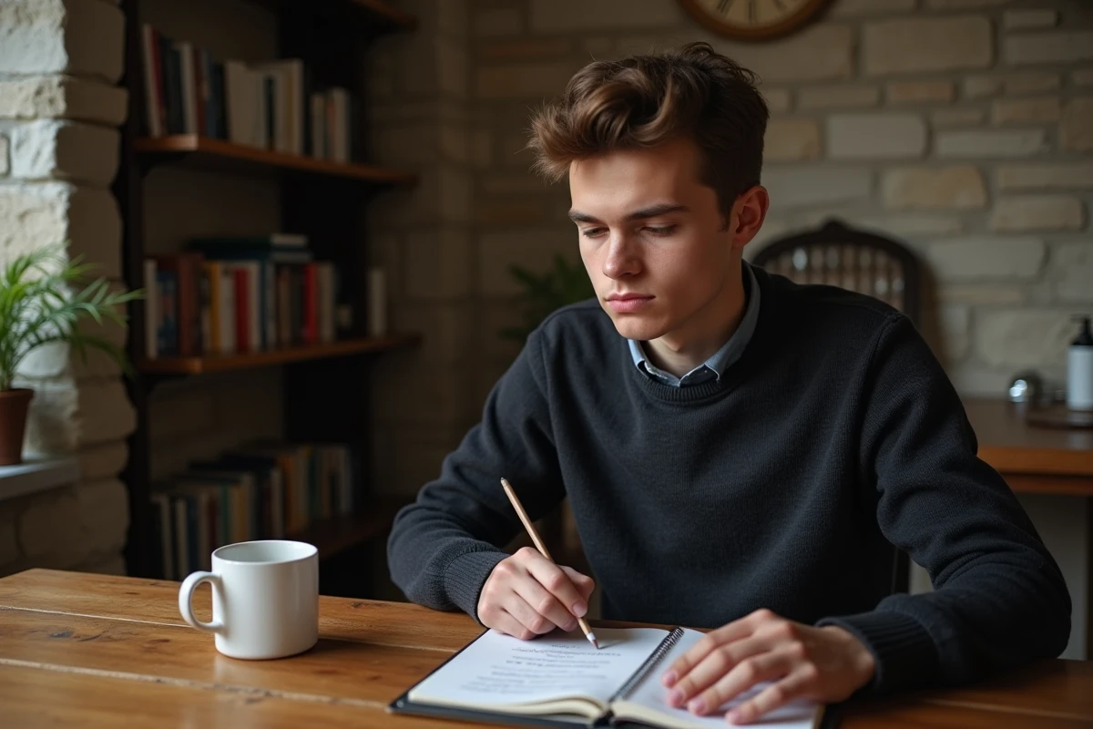 Jeune homme concentré lisant des paroles françaises