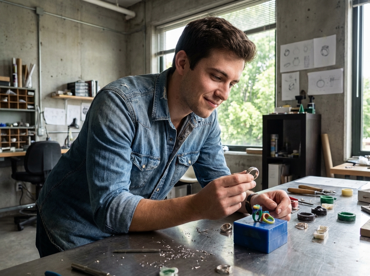 Jeune homme examine un anneau en argent dans son atelier