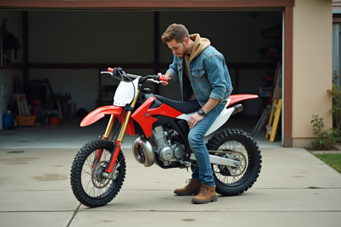 Jeune homme inspectant une moto 125cc en extérieur