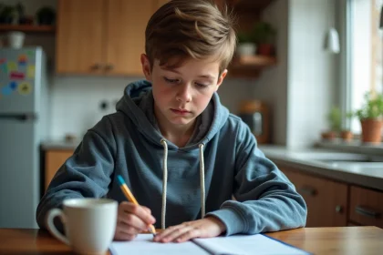 Adolescent assis à la cuisine organise ses reçus