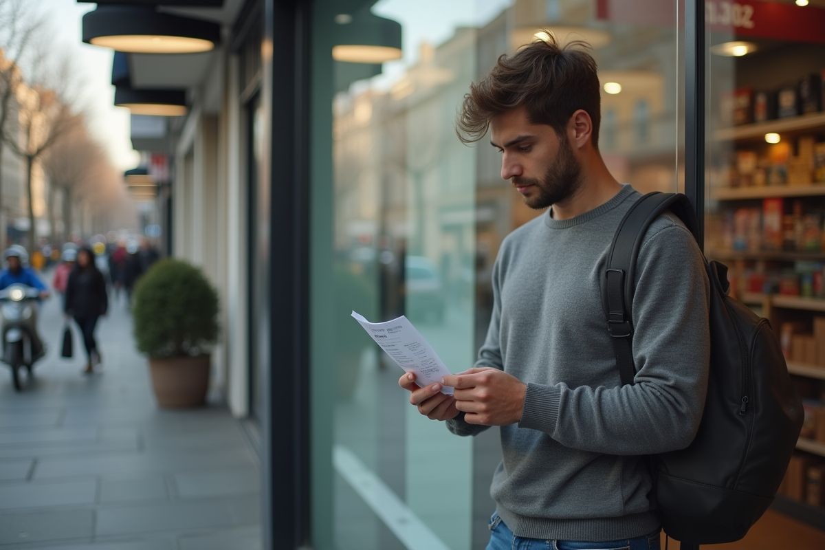 Jeune homme regardant un reçu dans une banque urbaine