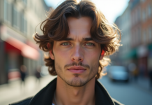 Jeune homme stylé aux cheveux mi-longs regardant l'objectif