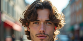 Jeune homme stylé aux cheveux mi-longs regardant l'objectif