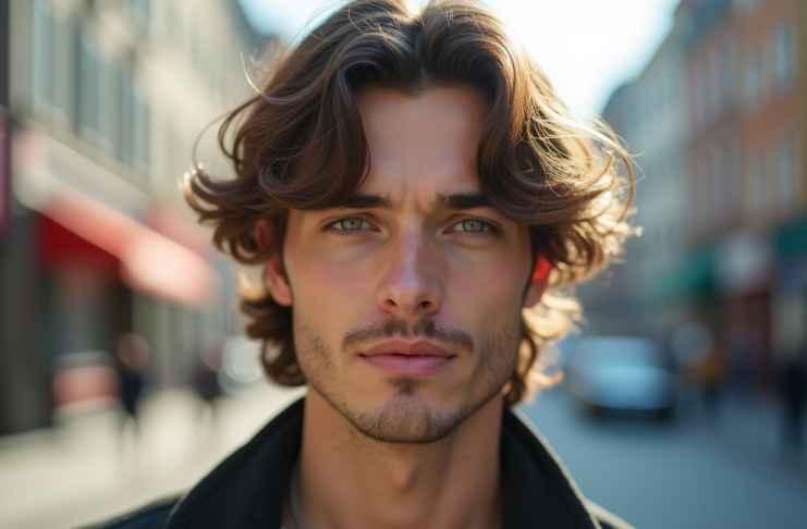 Jeune homme stylé aux cheveux mi-longs regardant l'objectif