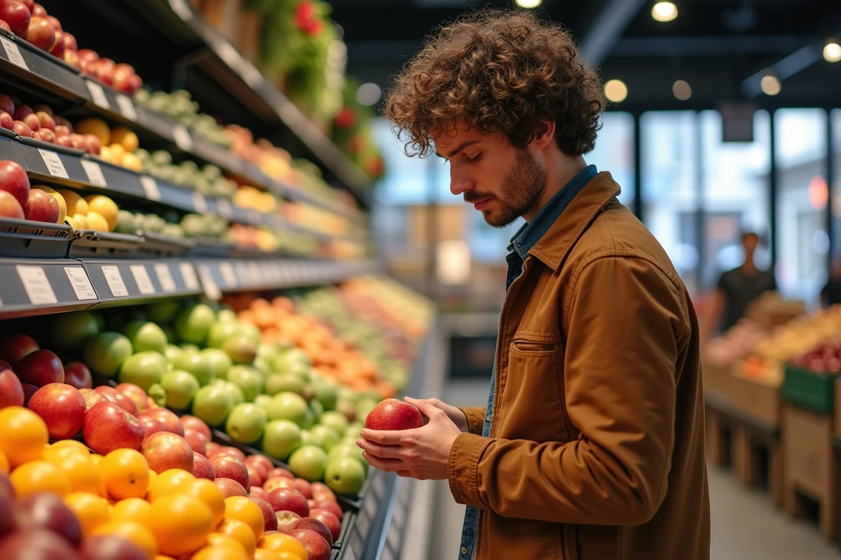 Jeune homme achetant des fruits dans un supermarche