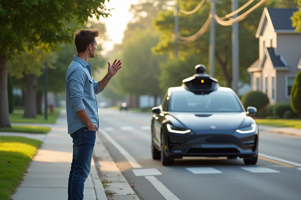 Jeune homme regardant une voiture autonome dans un quartier