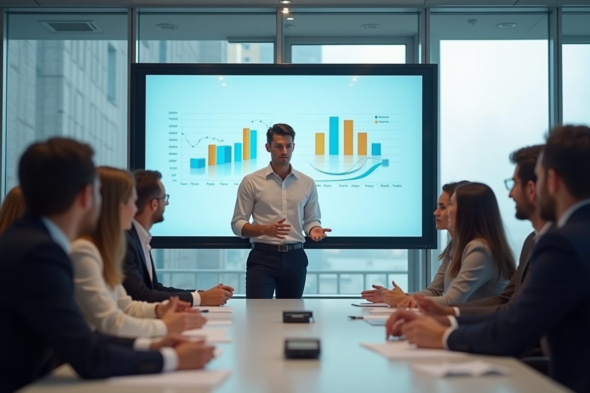 Stagiaire marketing donnant une présentation dans une salle lumineuse