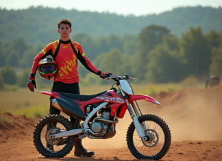 Jeune homme en motocross avec sa moto 125cc en extérieur