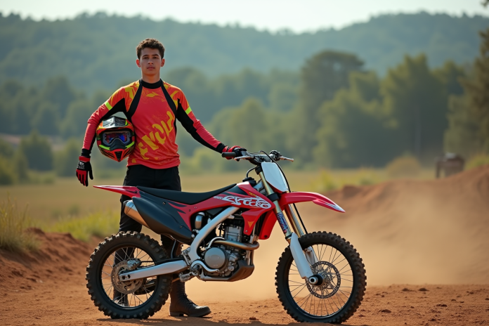 jeune-motocross-rideur-bike Jeune homme en motocross avec sa moto 125cc en extérieur