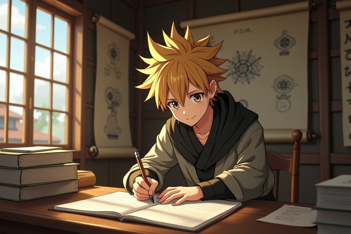 Adolescent ninja blond écrivant dans un carnet dans un bureau