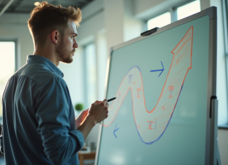 Les métiers en Y : une tendance à la hausse ? Jeune professionnel examinant deux chemins de carrière dessinés sur un tableau blanc