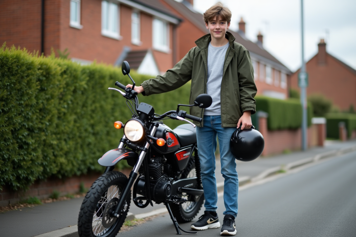 jeune-rider-moto-urbain Jeune garçon avec casque et moto en ville
