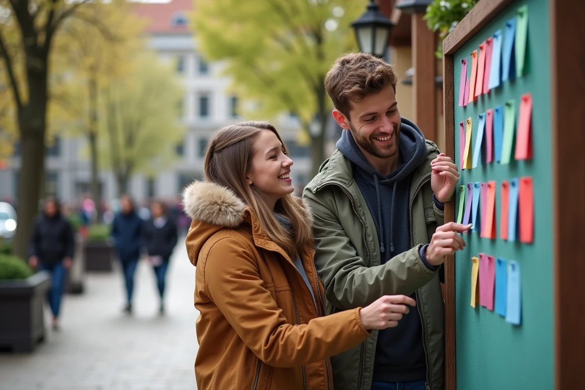Jeune couple riant en pinçant des cartes sur un tableau