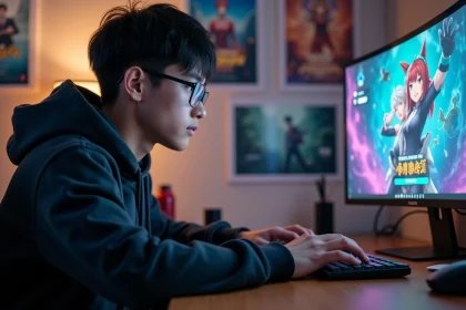 Joueur adulte entrant un code de rédemption sur le jeu mobile Anime Last Land devant un écran d'ordinateur