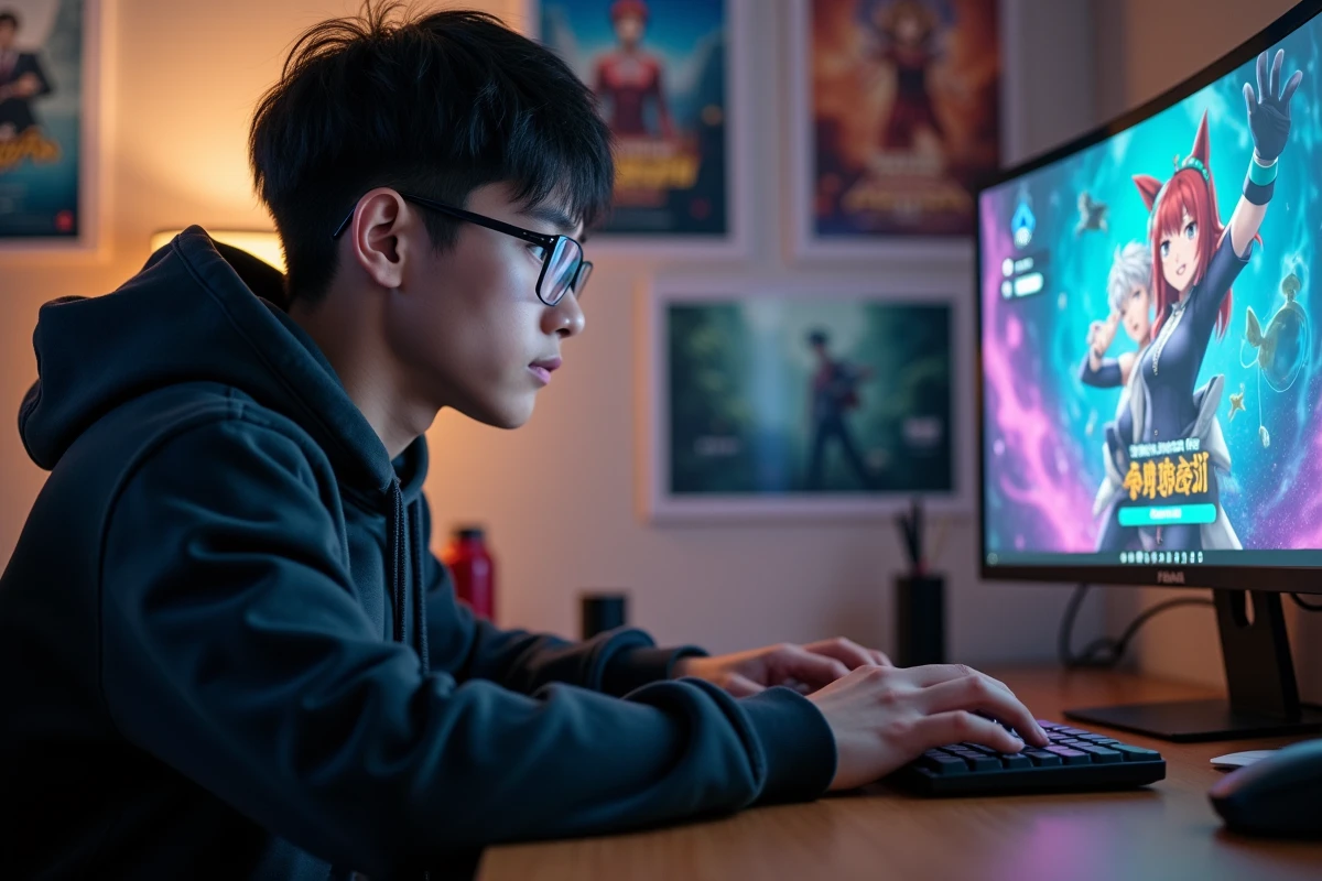 Joueur adulte entrant un code de rédemption sur le jeu mobile Anime Last Land devant un écran d'ordinateur