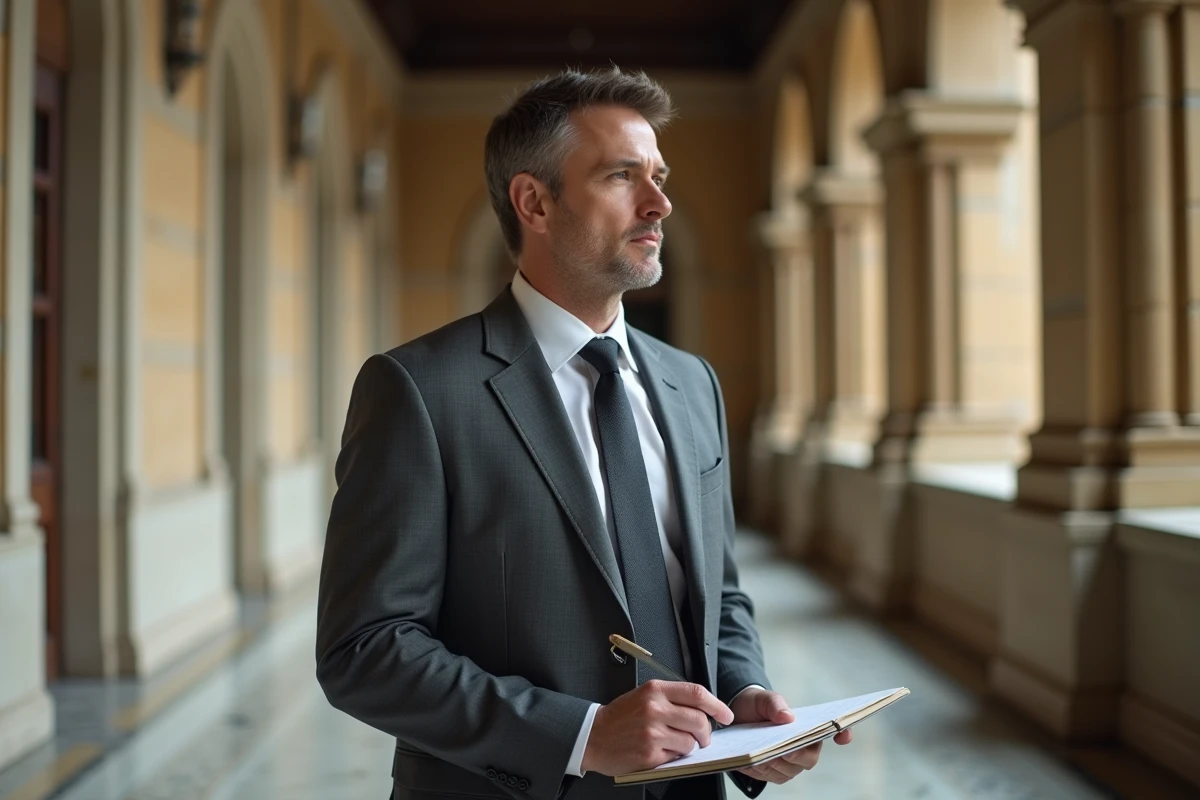 Journaliste politique debout dans un couloir parlementaire en marbre, carnet de notes à la main, regard affûté et analytique