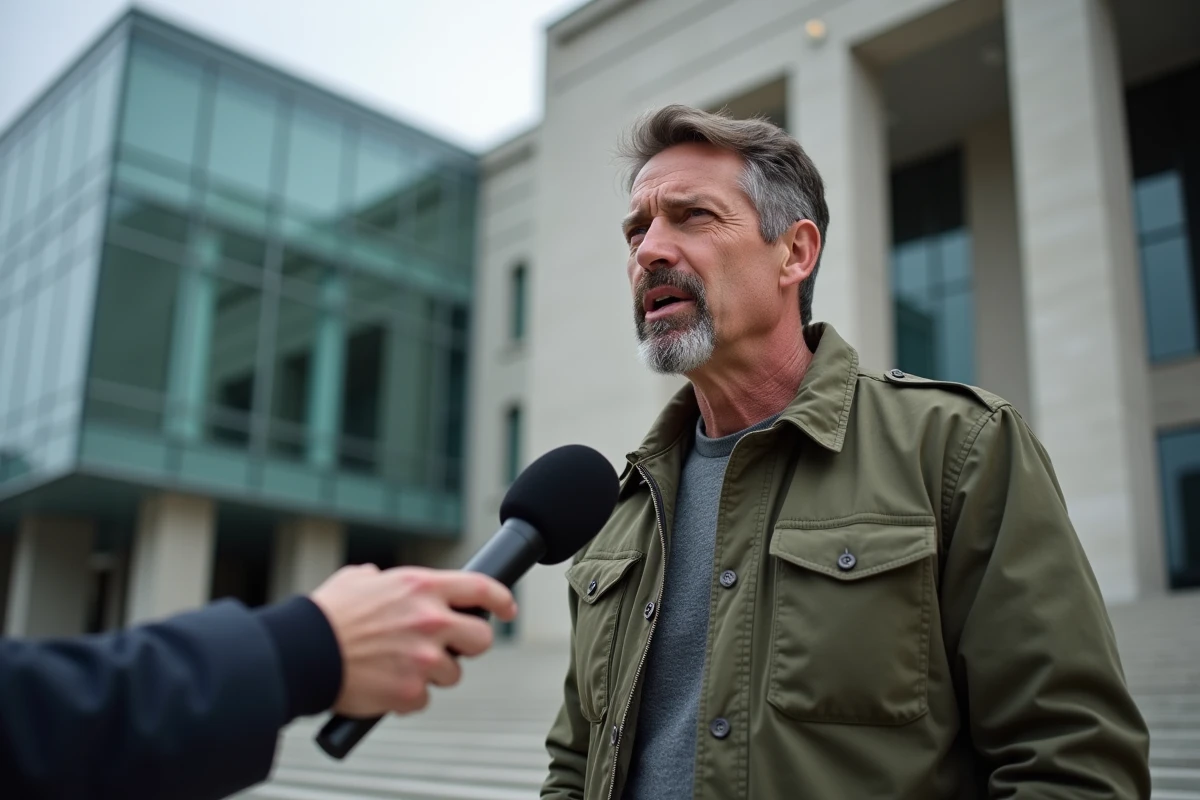 Journaliste politique en extérieur devant un bâtiment gouvernemental moderne, parlant dans un microphone lors d'un direct télévisé