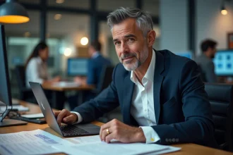 Journaliste politique masculin concentré dans une salle de rédaction moderne, assis à son bureau encombré de documents et d'un ordinateur portable