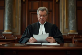 Juge en robe noire lisant un document juridique derrière un bureau dans une salle d'audience française, illustrant une décision de justice de débouté
