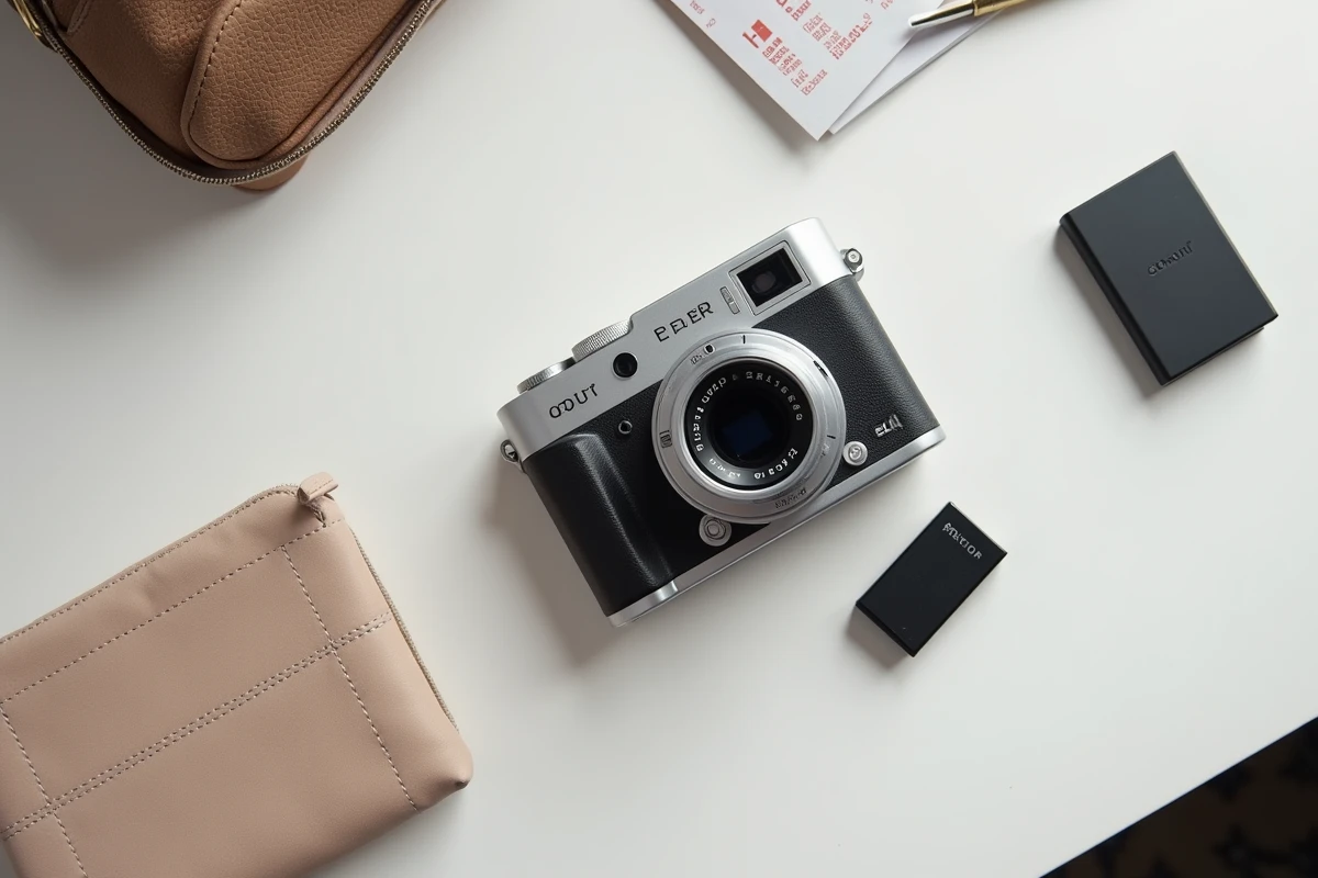 Kit de voyage minimaliste Fuji XT20 avec batterie de rechange et accessoires posés sur un bureau d'hôtel