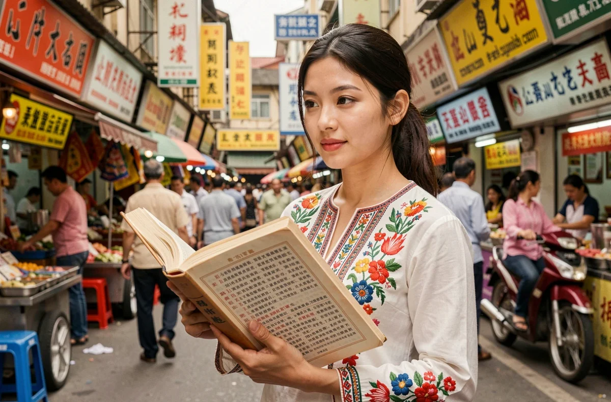 Jeune femme tenant un dictionnaire multilingue avec des scripts asiatiques devant un marché de rue avec des enseignes en langues diverses