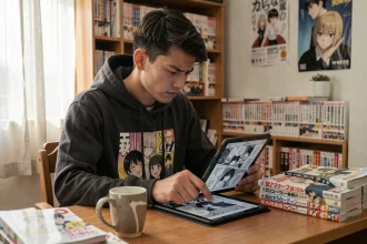 Jeune homme lisant un manga en ligne sur tablette dans sa chambre entourée de volumes de manga