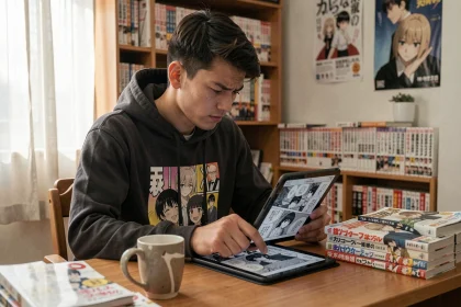 Jeune homme lisant un manga en ligne sur tablette dans sa chambre entourée de volumes de manga