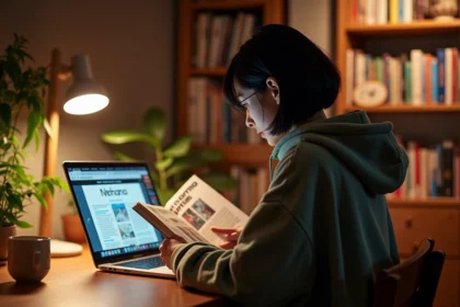 Jeune femme lisant un manga devant un site de scan en français sur ordinateur portable