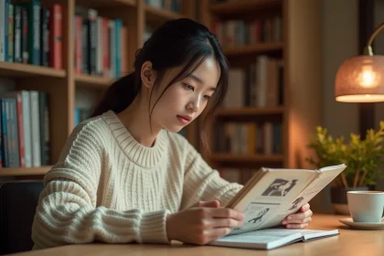 Jeune femme lisant un manga yaoi dans un coin lecture cosy entouré d'étagères remplies de volumes manga