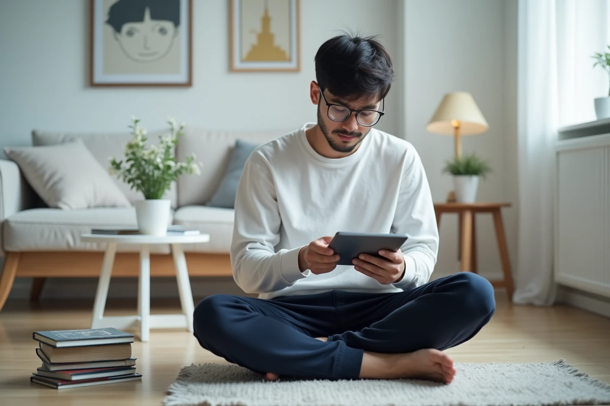 Jeune homme parcourant une application de lecture manga yaoi sur tablette dans un appartement minimaliste