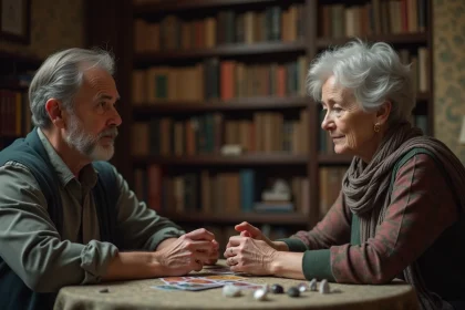Homme et femme lisant des cartes de tarot dans un cadre chaleureux