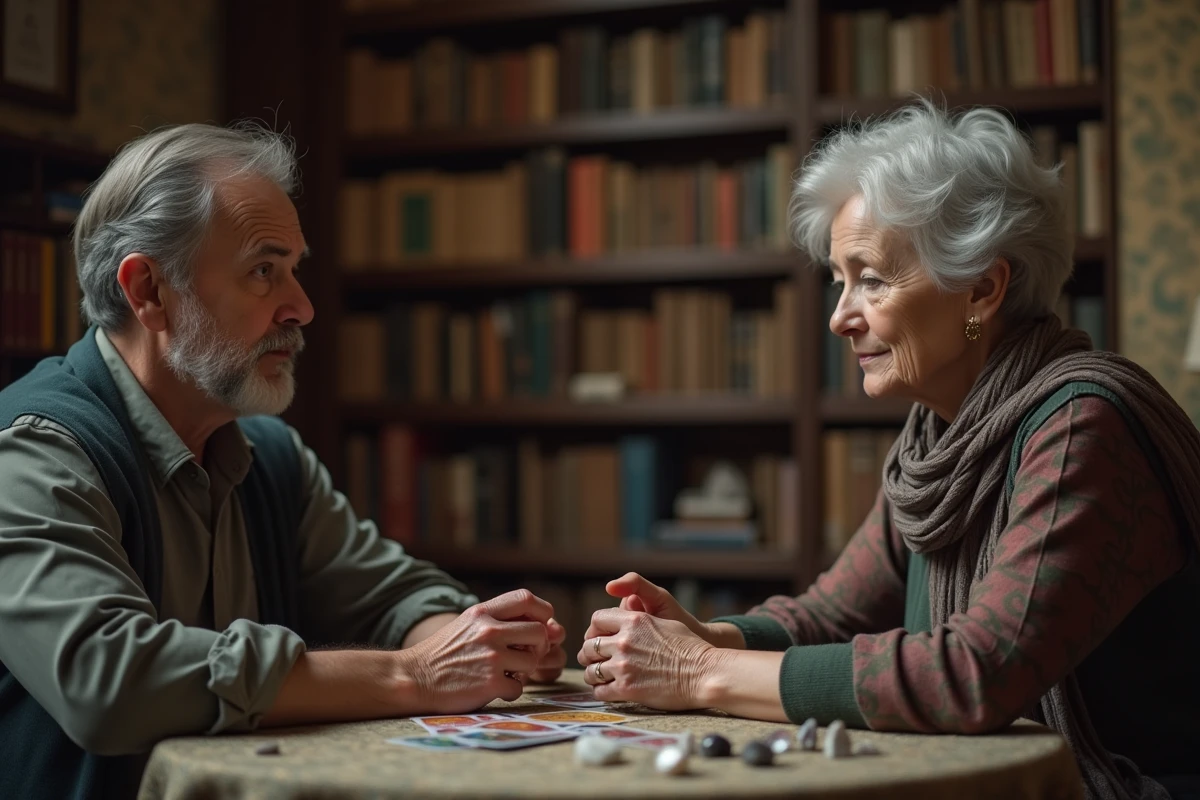 Homme et femme lisant des cartes de tarot dans un cadre chaleureux